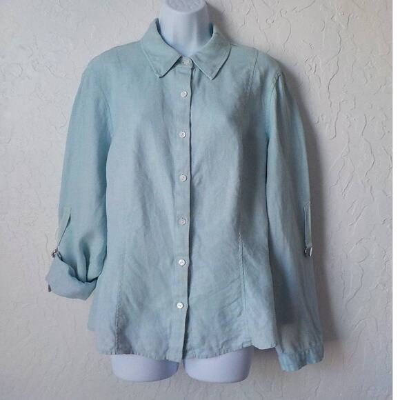 VTG Focus Lifestyle Blue Button Up Shirt Women size 16 100% Linen Long Sleeves - Picture 1 of 15
